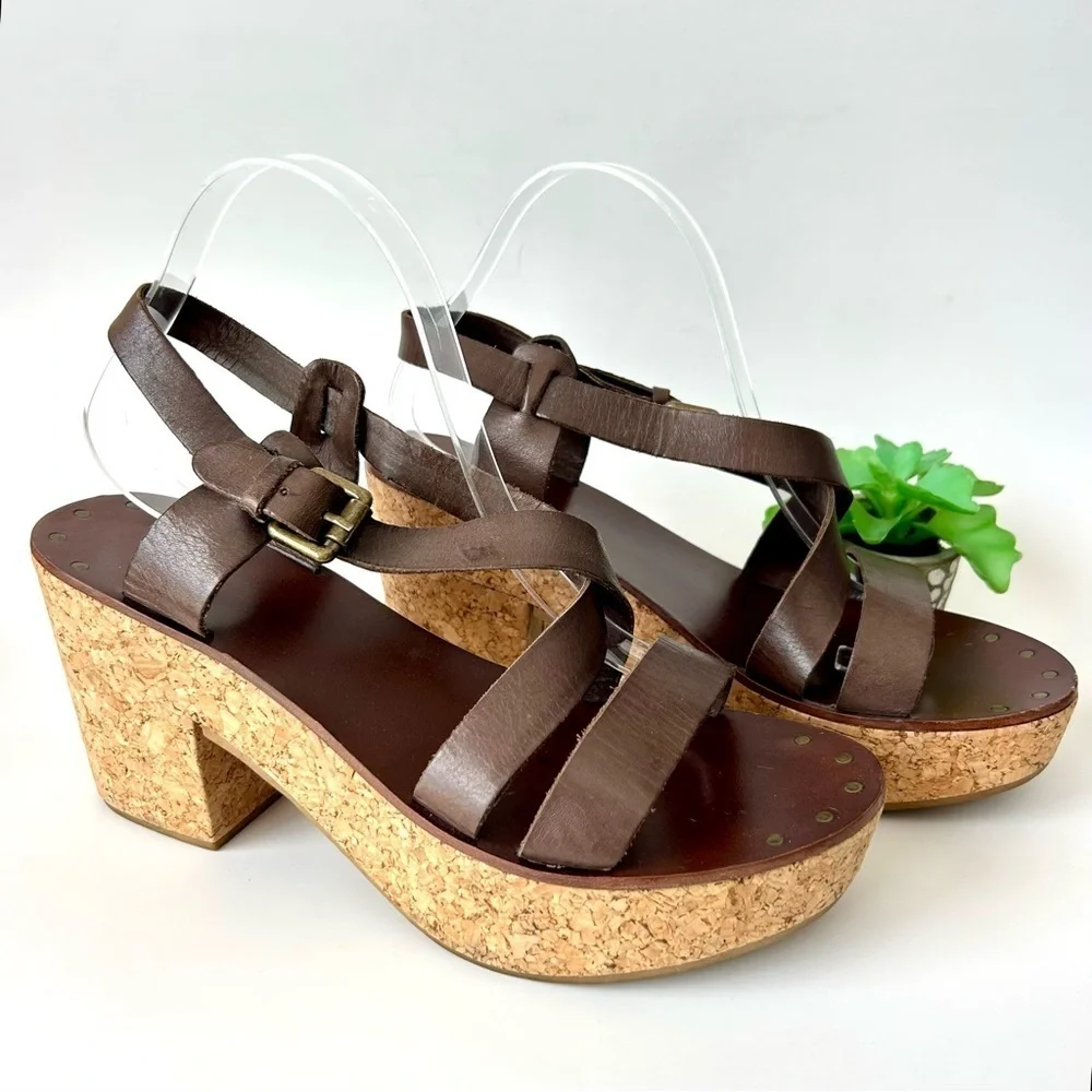 ASH Brown Leather Cork Block Heel Platform Sandals Strappy Open Toe 41 10.5-11